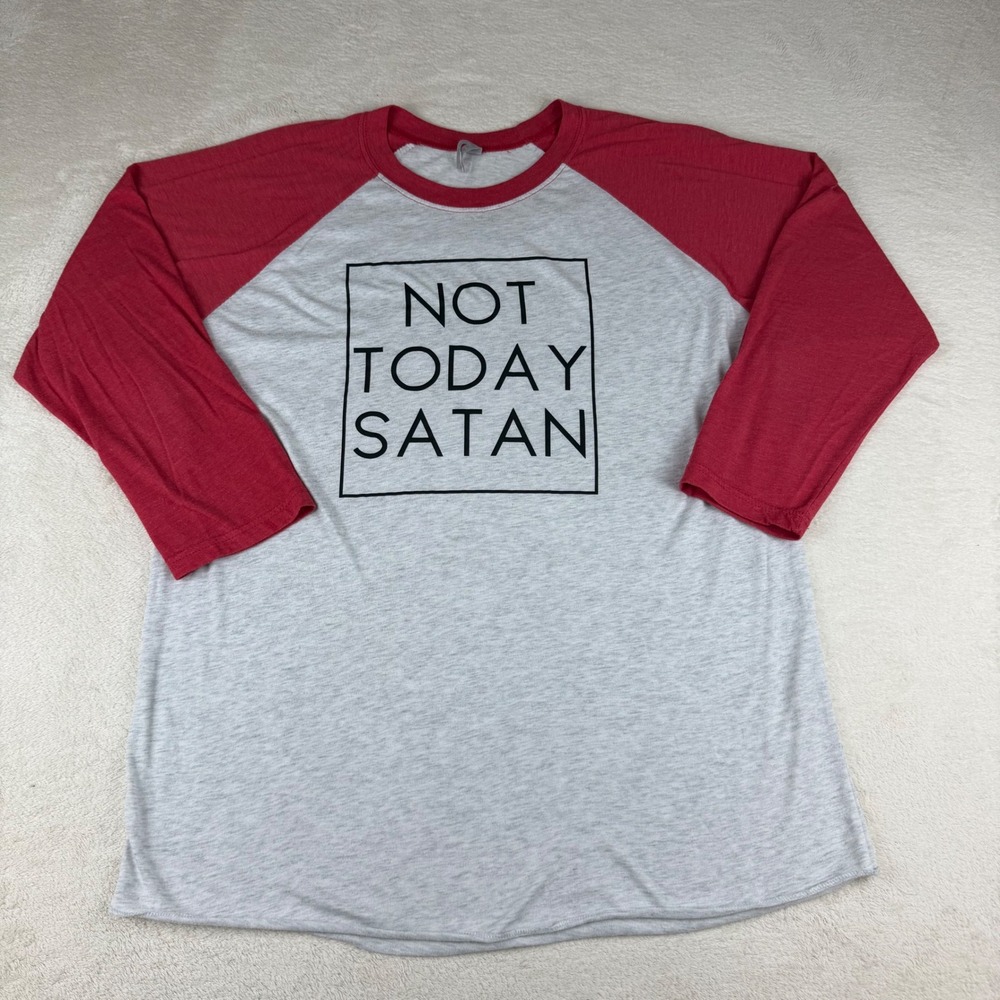 Graphic Baseball Tee "Not‎ Today Satan" Red Sleeve Light Gray Top Large